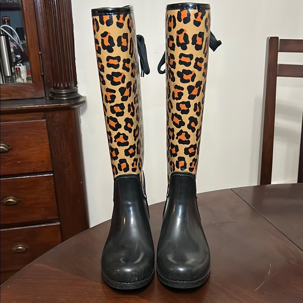 COACH Tristee Leopard Waterproof Lace-Up Rain Boots